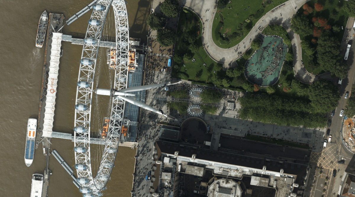 Aerial image of the London Eye and surrounding gardens