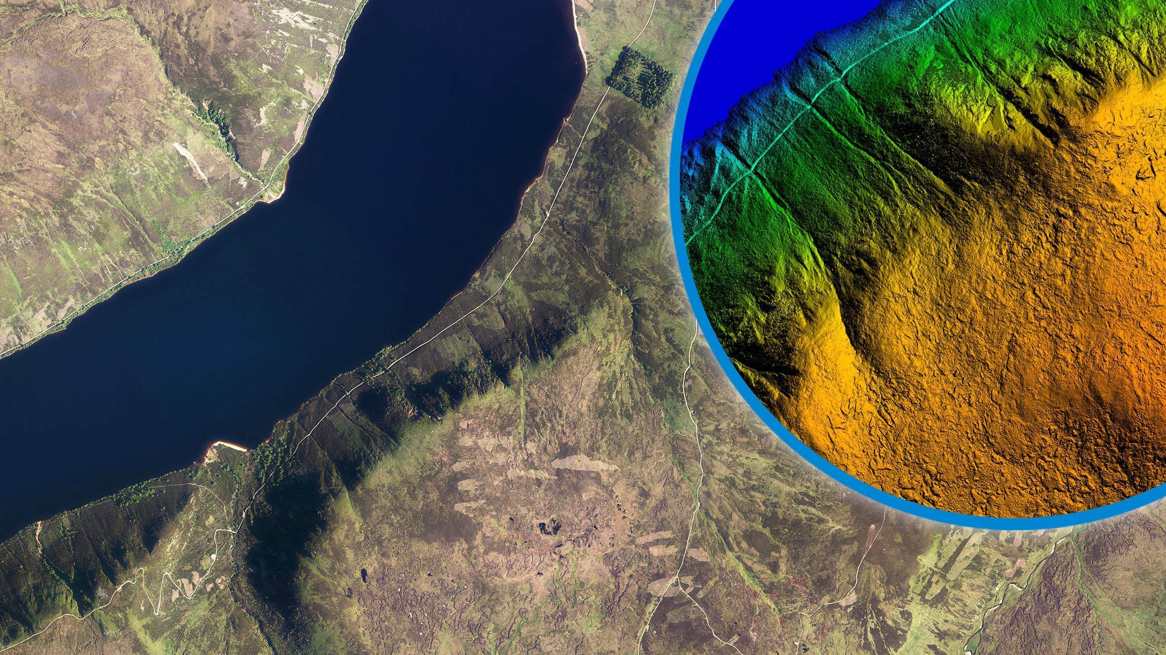 Aerial photo of Loch Muick overlaid with terrain height data