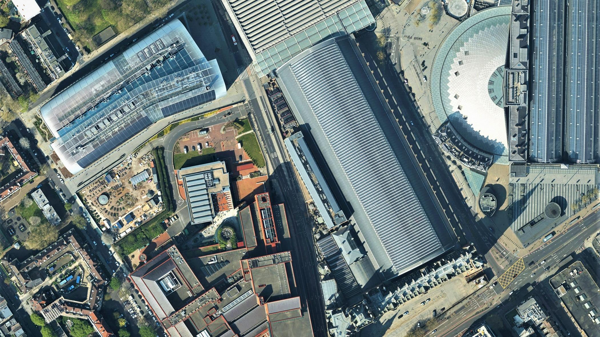 Aerial view of two London Stations, St Pancras International and Kings Cross