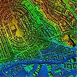 LiDAR sample of an urban area with height information conveyed by a spectrum of red, green and blue colours.