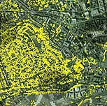 Aerial photography of an urban area showing Bluesky's National Tree Map data overlaid to highlight tree canopies