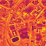 Bluesky thermal imagery of buildings from above showing areas of heat loss