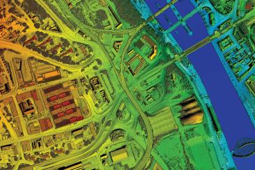 Aerial view of LiDAR data in a riverside urban area