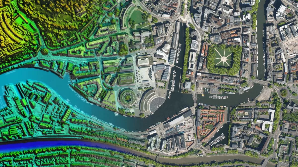 Aerial photograph of Bristol with derived data overlays to highlight height information and tree mapping.
