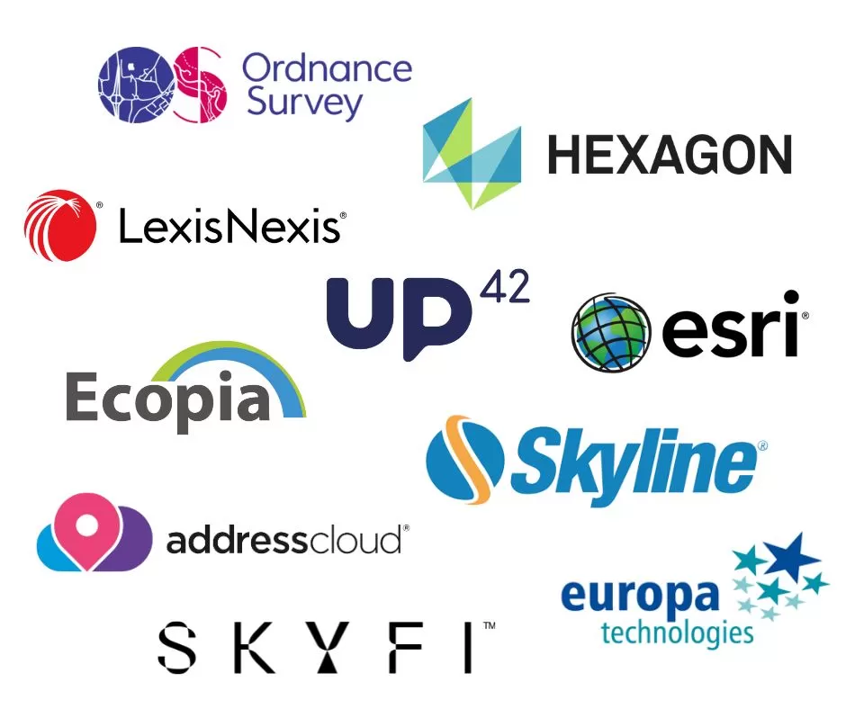 Logos of brands that work in partnership with Bluesky including Esri, Ordnance Survey, Hexagon, LexisNexis and Skyline