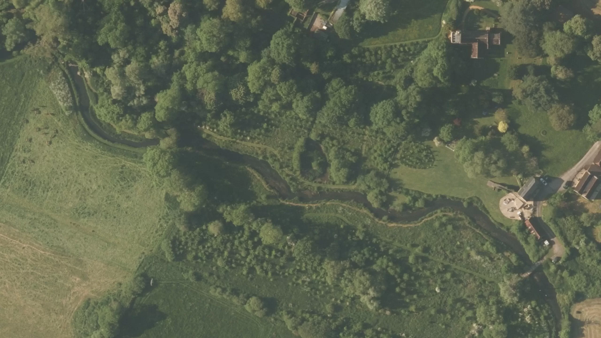 Aerial view of a Chalk Stream after years of restoration