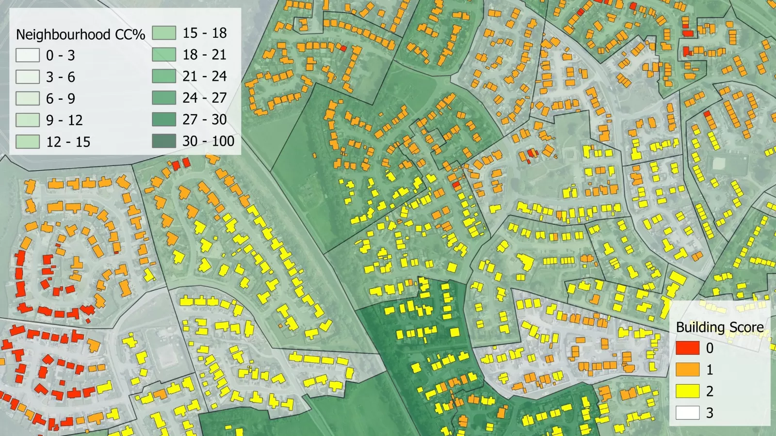Aerial image of neighbourhood with 3+30+300 layer overlaid and two keys representing building score