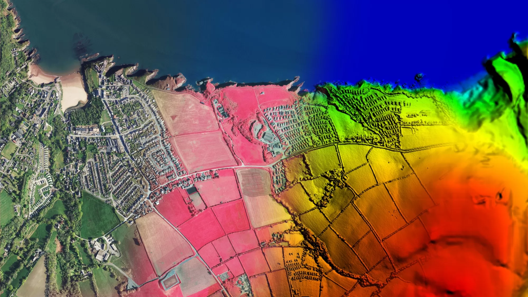 Aerial image overlaid with Colour Infrared data and LiDAR