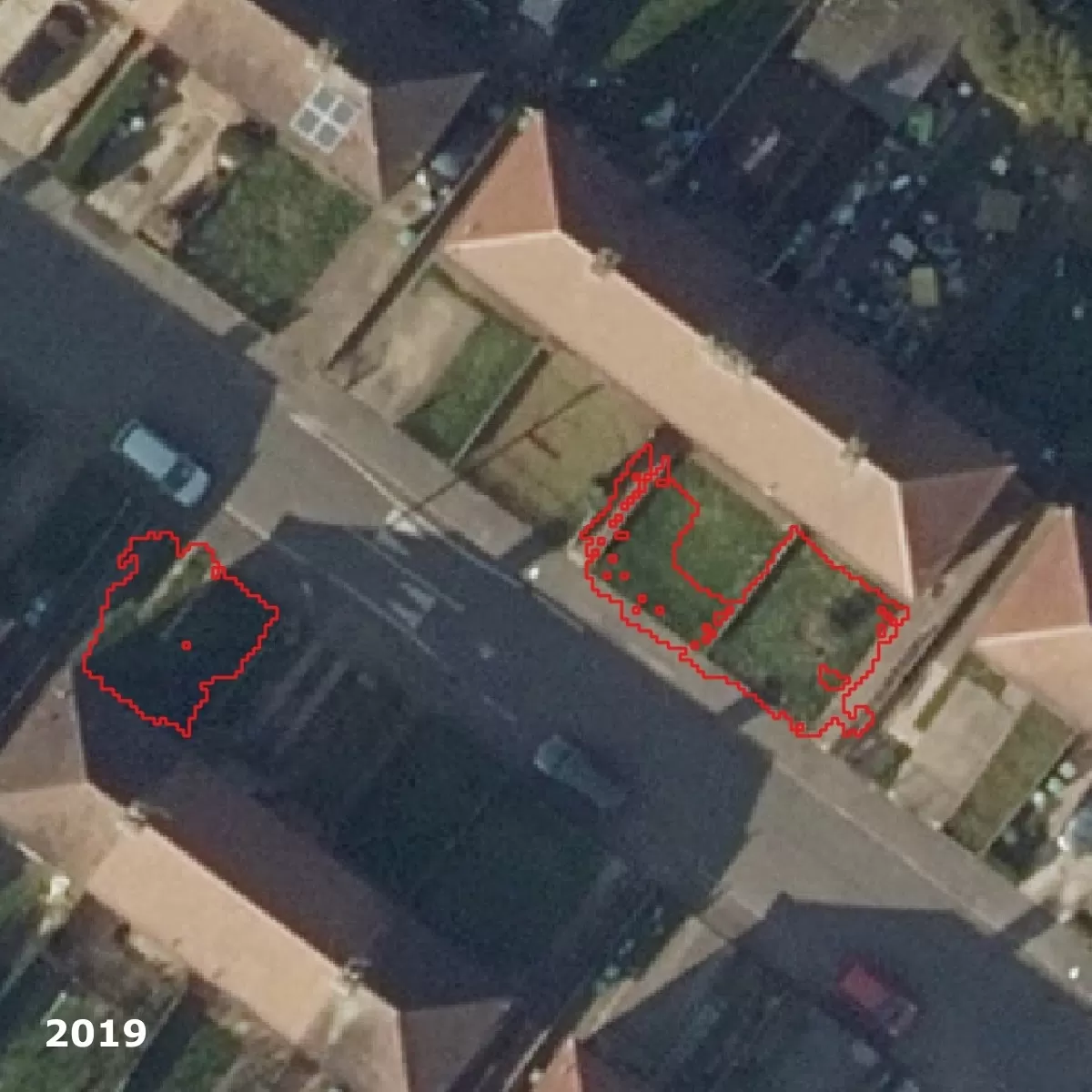 aerial image of a housing estate in nottingham taken in 2019 highlighting gardens