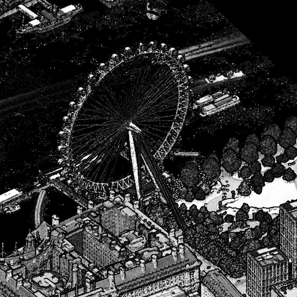 Image of the London Eye with LiDAR in black and white