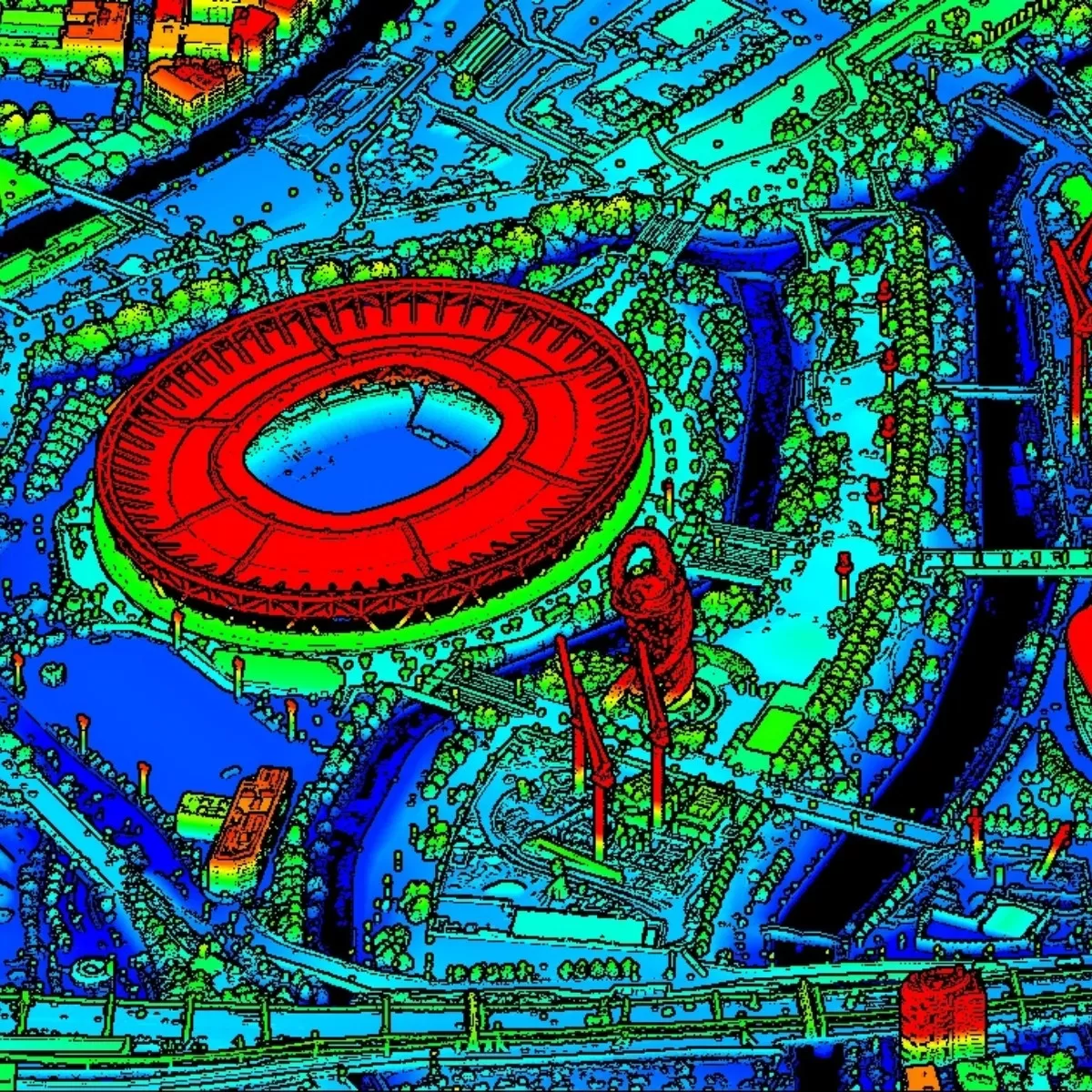 Image of West Ham United Fc stadium with LiDAR in blue and red colours to show height