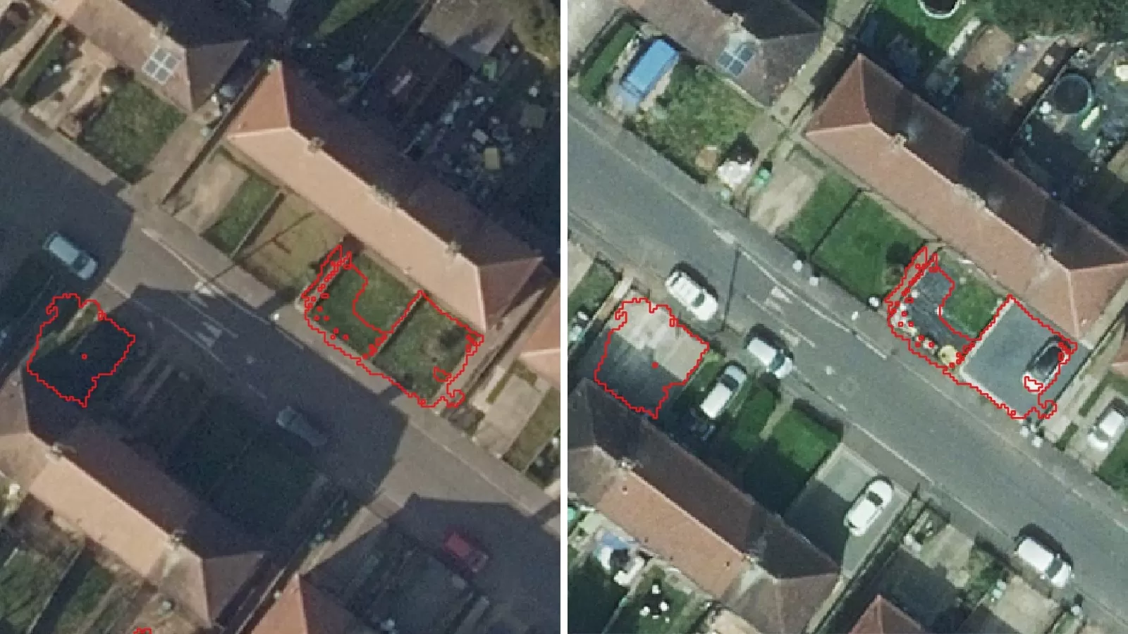 two images side by side of a houses in Nottingham. The 1st is captured in 2019 and the 2nd is 2024, it shows where once grassy areas have now become concrete, such as on driveways