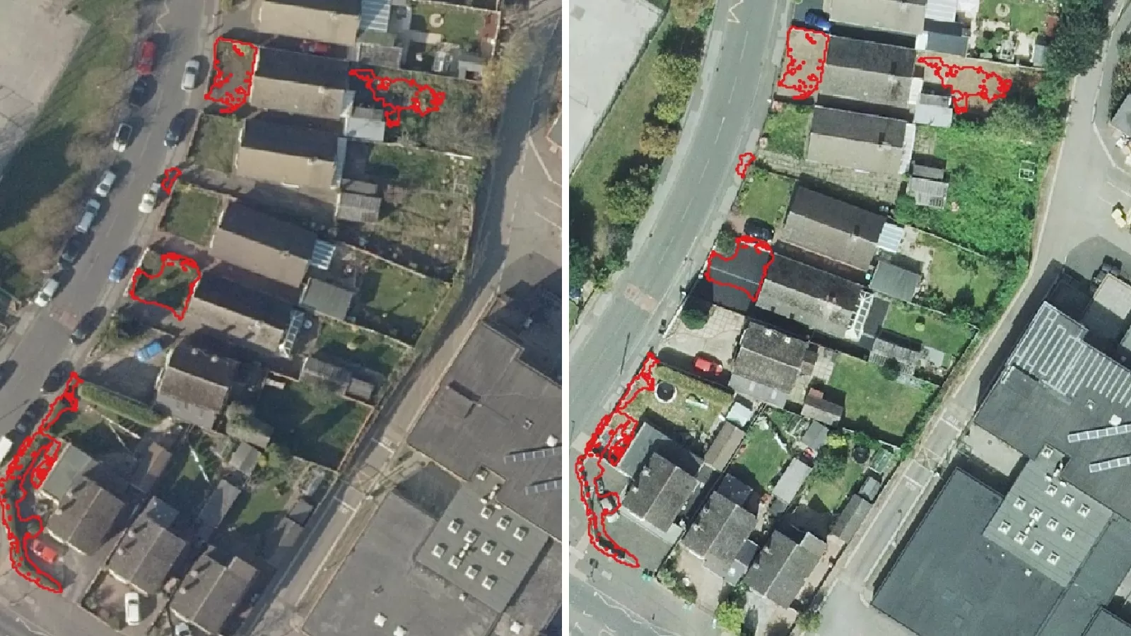 two images side by side of a housing estate in Nottingham. The 1st is captured in 2019 and the 2nd is 2024, it shows where once grassy areas have now become concrete, such as on driveways