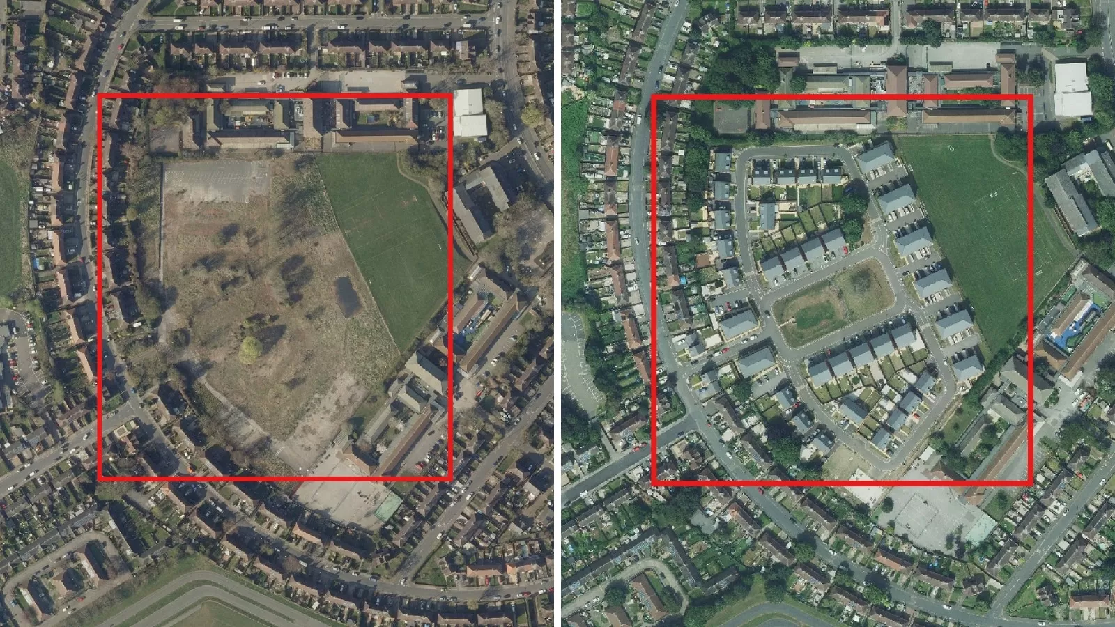 two images side by side of a new housing estate in Nottingham. The 1st is captured in 2019 and the 2nd is 2024, it shows where once grassy areas have now become concrete, such as on driveways