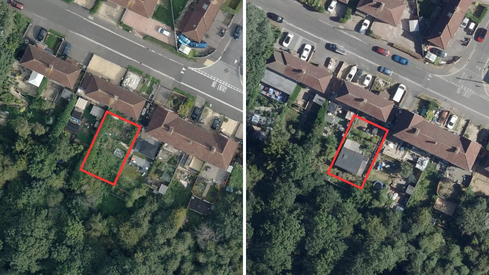 Two images of the same garden from different years, the right one showing the addition of an outbuilding