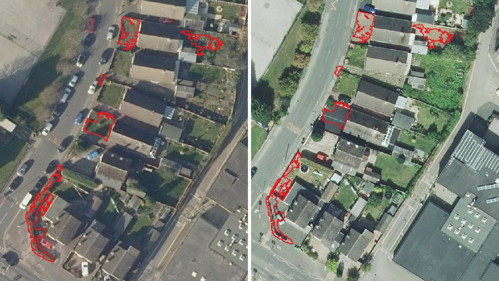 An image of a housing estate over two key years. The first in 2019 showing houses with gardens, and then in 2024 with driveways and paving
