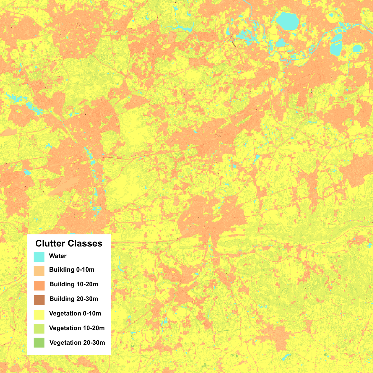 Example of a clutter map showing mixed land, including water, buildings and vegetation