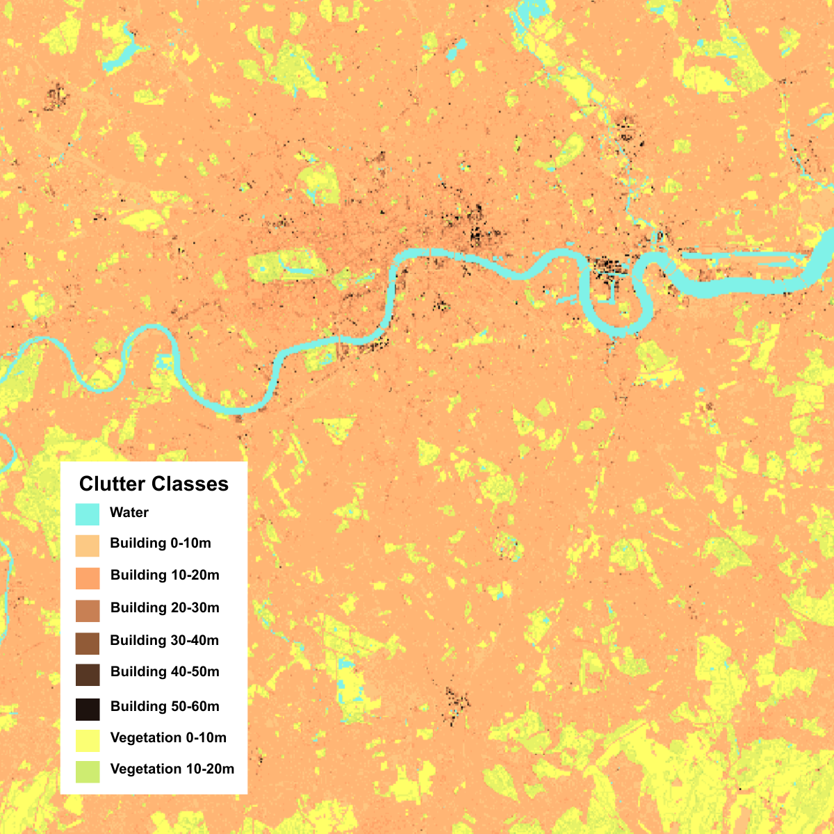Example of a clutter map showing different building heights