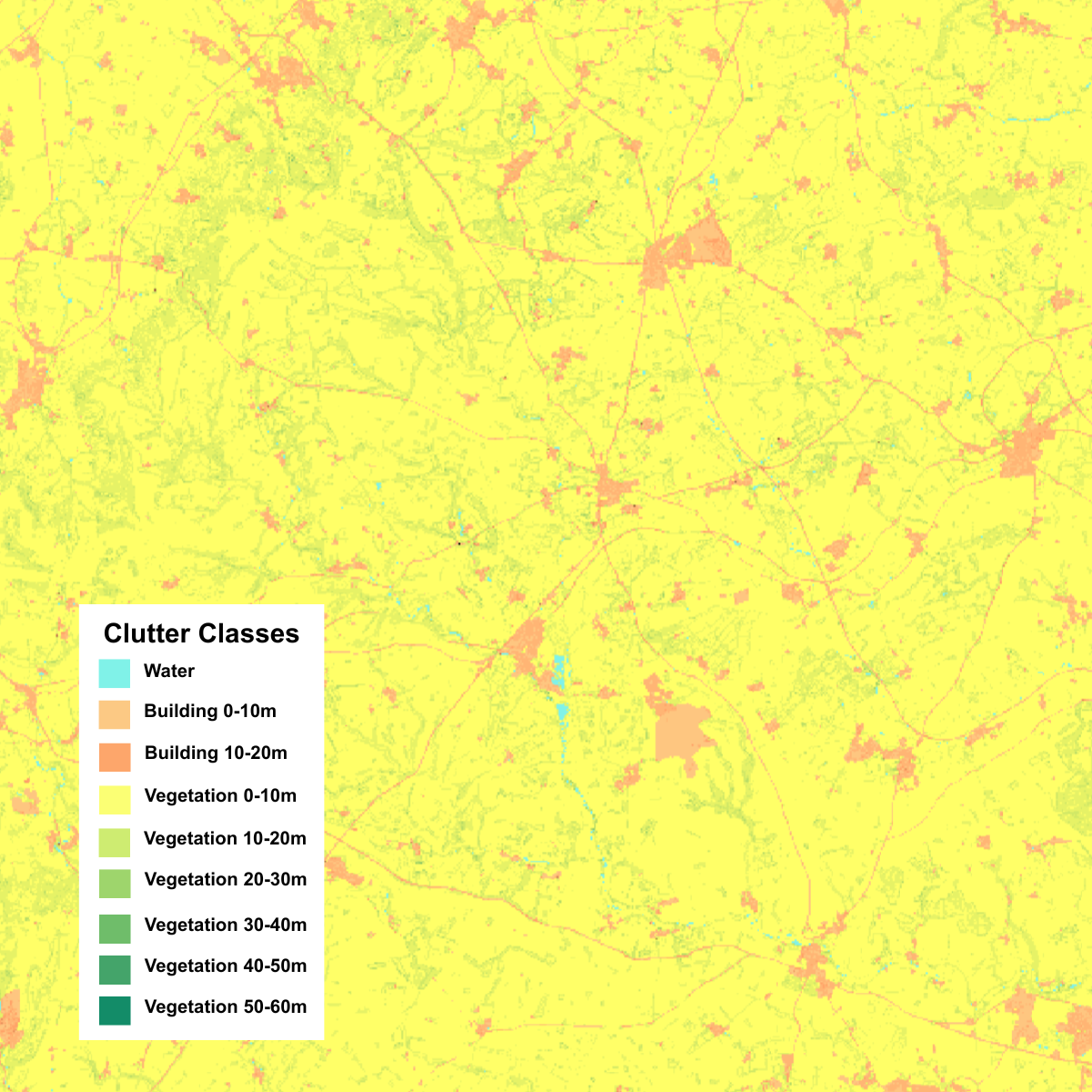 Example of a clutter map showing vegetation heights