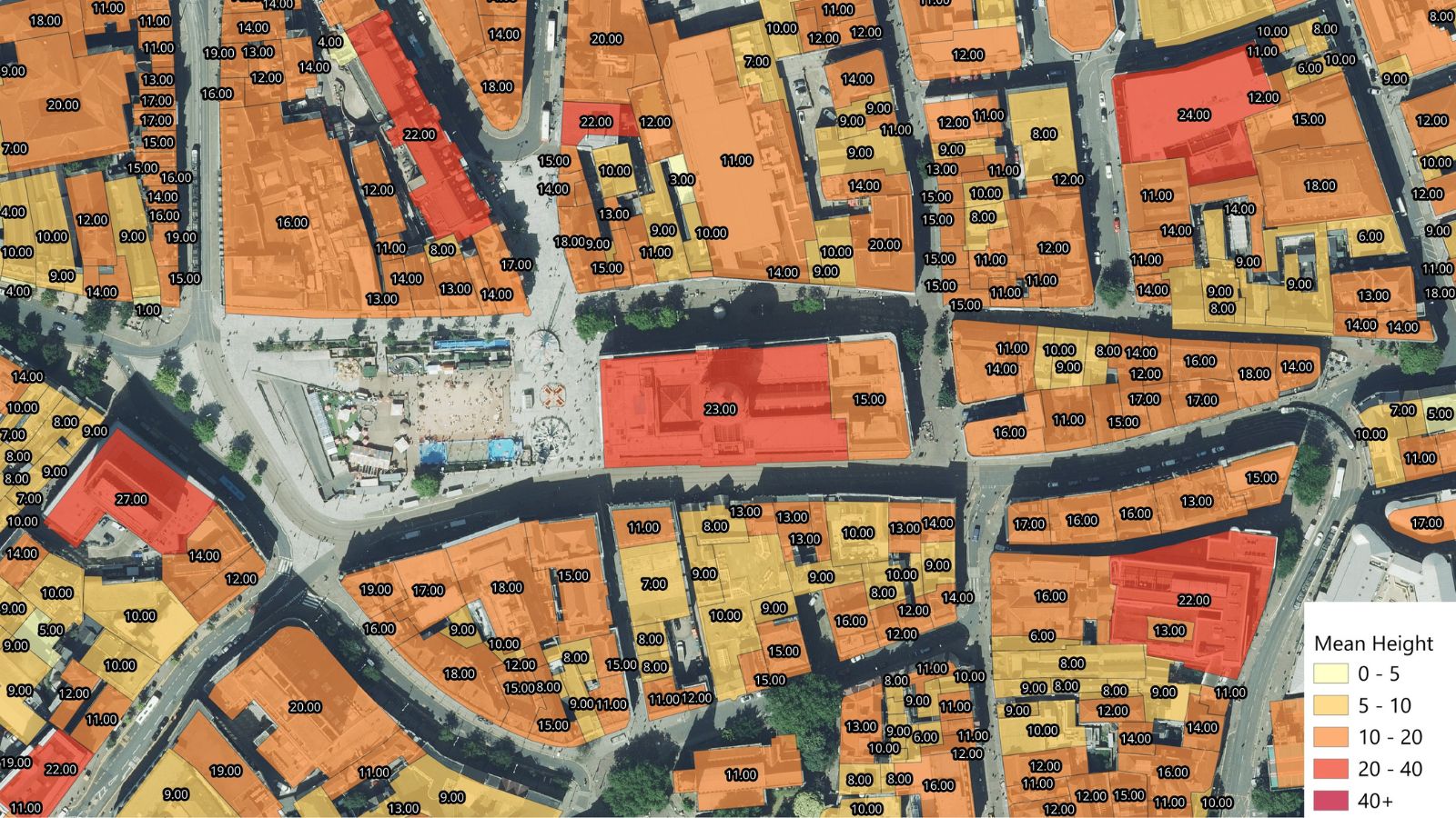 Aerial photo of buildings with Building Footprint data overlayed to show mean height