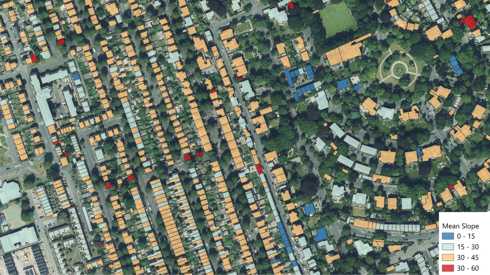 Aerial photo of buildings with Building Footprint data overlayed to show mean slope